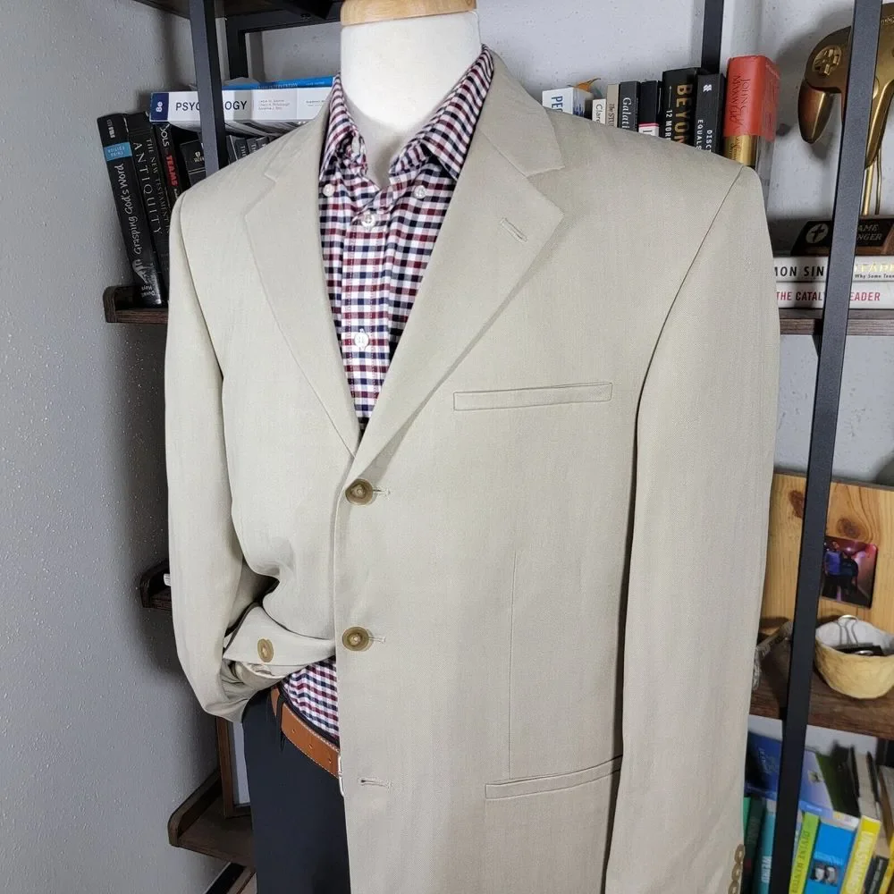 Geoffrey Beene Men's Sport Coat Blazer Three Button Beige Herringbone Silk‎ 41R